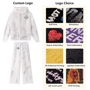 Abiti da <span class=keywords><strong>donna</strong></span> personalizzati con stampa in lamina bianca tuta da <span class=keywords><strong>donna</strong></span> con cappuccio e cerniera Casual due pezzi Jogger Set tuta da <span class=keywords><strong>donna</strong></span> - Product Image 2