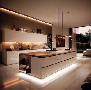 Armoires de cuisine modulaires modernes sur mesure, prêtes à assembler, en contreplaqué, avec éclairage LED intégré, robinet, couleur personnalisée - Product Image 1