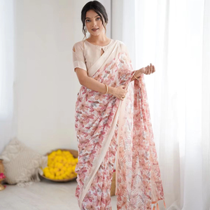 Sari ligero de lino étnico y satén con blusa, transpirable, con estampado floral brillante, modesto, para las cuatro estaciones, uso adulto. - Product Image 1