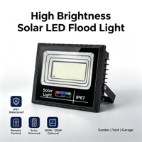 Projecteur solaire LED haute luminosité IP67 étanche 100W 200W avec télécommande pour extérieur, jardin, cour, parking