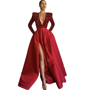 Burgundy <b>Sequin</b> Evening Gown V-Neck Long Sleeve High Slit Full Swing Dress For Banquets And Parties - Product Image 5