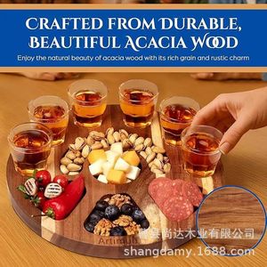 Plateau rond en bois pour verres à vin, plateau à collations pour fête, plateau à compartiments pour petits verres à vin, planche à découper pour pizza, plateau à collations et charcuterie - Product Image 3