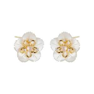 White Shell Flower <b>Stud</b> <b>Earrings</b> With Gold Accents And <b>Crystal</b> Center S925 Silver Posts For Women Party Jewelry - Product Image 5