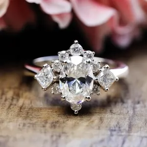 SGARIT时尚珠宝GRA认证硅石戒指14k白金3CT椭圆形切割硅石皇后花式钻石订婚戒指