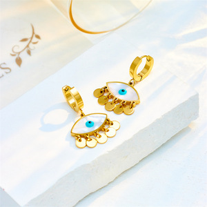 European American Fashion Blue Eye Drop Earrings Gold Tassel Geometric Party Jewelry Stainless Steel Ear Hoops - Product Image 3