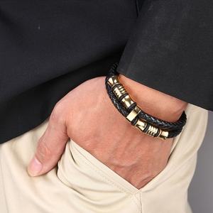 <b>Mens</b> Double-Row Braided <b>Leather</b> <b>Bracelet</b> Bangle Wristband With Stainless Steel Ornaments,Personality and Fashion Jewellery - Product Image 1