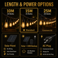 Guirlande lumineuse solaire S14 Edison IP65 avec ampoules E26 remplaçables, câble personnalisable 10-25M, alimentation USB, idéale pour restaurants, mariages, OEM, CE, ETL