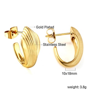 <b>Fashion</b> Jewelry 18k Gold Plated Stainless Steel Personality Geometric Chunky Oval Vertical Rib <b>Hoop</b> <b>Earrings</b> for Women Girls - Product Image 2