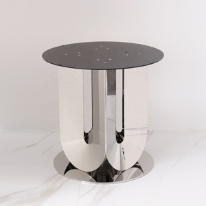 Bàn trà tròn chân đế thép không gỉ mạ vàng, bàn cạnh phòng ăn, khung thép, mặt bàn kính gương, chân đế thép trang trí - Product Image 1