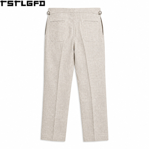 Pantalon en lin coupé-cousu pour homme, style Old Money, beige, taille haute, plissé italien, ajustement latéral, coupe fuselée, luxe discret, vente en gros - Product Image 3