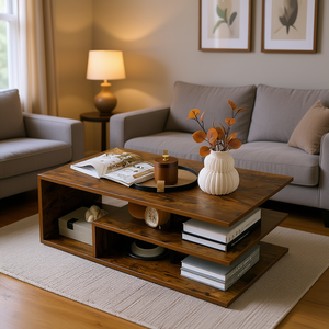 Mesa de Centro Rectangular Marrón de 3 Niveles con Estante en Forma de L, Muebles Modernos para Sala de Estar, Espacio de Almacenamiento de Madera, Decoración del Hogar - Product Image 2