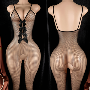 Nouvelle conception, body sexy à col en V avec nœud décoratif, résille ajourée, une pièce, vêtement de scène sensuel - Product Image 1