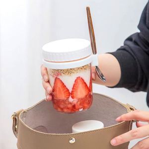 Custom 16oz Portable Glass <b>Breakfast</b> Mason Jars Plastic Overnight Oats Jar with Lids and Spoons Reusable - Product Image 6
