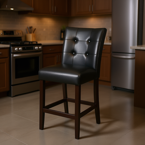 Chaise de bar moderne en similicuir noir capitonnée avec structure en bois, siège de hauteur de salle à manger - Product Image 2