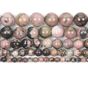 Natural Stone Black Line Rhodochrosite Round Loose Beads For Jewelry Making Needlework Bracelet DIY Strand 4-12 MM