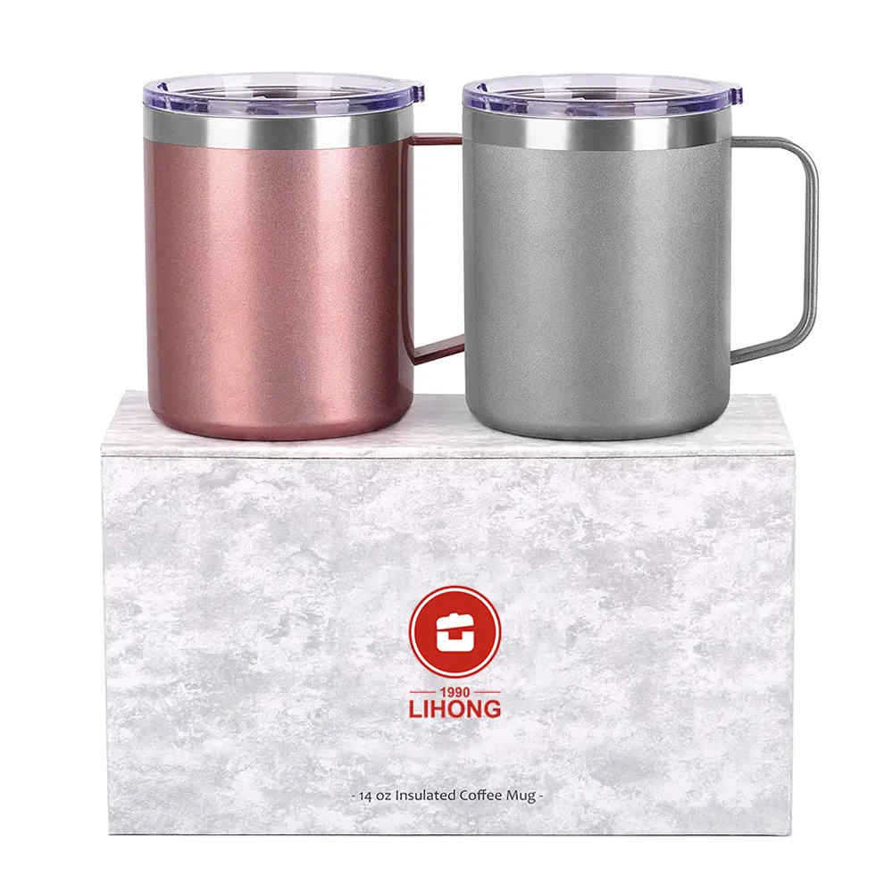 Cangkir Mug terisolasi vakum, 14 oz Set cangkir berkemah dengan tutup dinding ganda Stainless Steel perjalanan cangkir kopi mawar luar ruangan