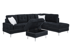 Chenille Sectional 3-Seaters <b>Sofa</b> Set with Chaise Storage Ottoman Metal Legs and Copper Nails Two White Pillows for Apartment - Product Image 6