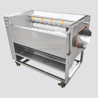 SUS304 Motor aangedreven wortelgroente- en fruitwas- en schilmachine met waterreinigingsrolborstel voor de verwerking van aardappel, gember en radijs