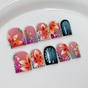 <span class=keywords><strong>Uñas</strong></span> Postizas Acrílicas Hechas a Mano TSZS 2026 Otoño, Diseño <span class=keywords><strong>de</strong></span> Leopardo Degradado <span class=keywords><strong>con</strong></span> <span class=keywords><strong>Flores</strong></span> 3D, Color Marrón Oscuro, Forma Cuadrada Corta, Duraderas - Product Image 2
