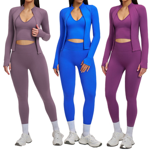 Tenues <span class=keywords><strong>de</strong></span> <span class=keywords><strong>sport</strong></span> pour femmes, ensemble 3 pièces : soutien-gorge <span class=keywords><strong>de</strong></span> <span class=keywords><strong>sport</strong></span> dos croisé, leggings <span class=keywords><strong>de</strong></span> yoga sans couture, veste zippée avec trous pour les pouces, vêtements <span class=keywords><strong>de</strong></span> <span class=keywords><strong>sport</strong></span> - Product Image 1