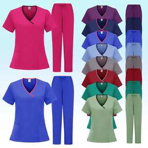 Women V-Neck Scrub Set Moisture Wicking Solid Color Hospital Uniforms Split Set Woven Fabric Comfortable Nurse Wear - Product Image 1