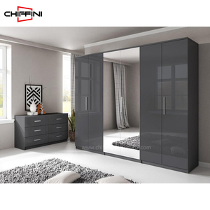 Luna Black Glass Modern Closet Design 3 Doors 2 Drawers Mirrored Sliding Wardrobe