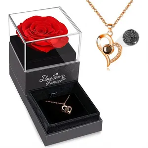项链保存红玫瑰与我爱你情人节母亲节礼物永恒玫瑰项链女性