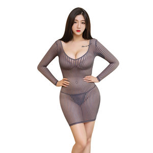 Yeni sıcak kadınlar seksi iç çamaşırı derin V uzun kollu şeffaf şerit yaz gecelik tanga ile ev giysileri takım elbise 6423 - Product Image 2