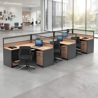 Bureau de travail en forme de F pour 3 personnes avec cloison en verre, table d'ordinateur pour trois employés avec armoire de rangement