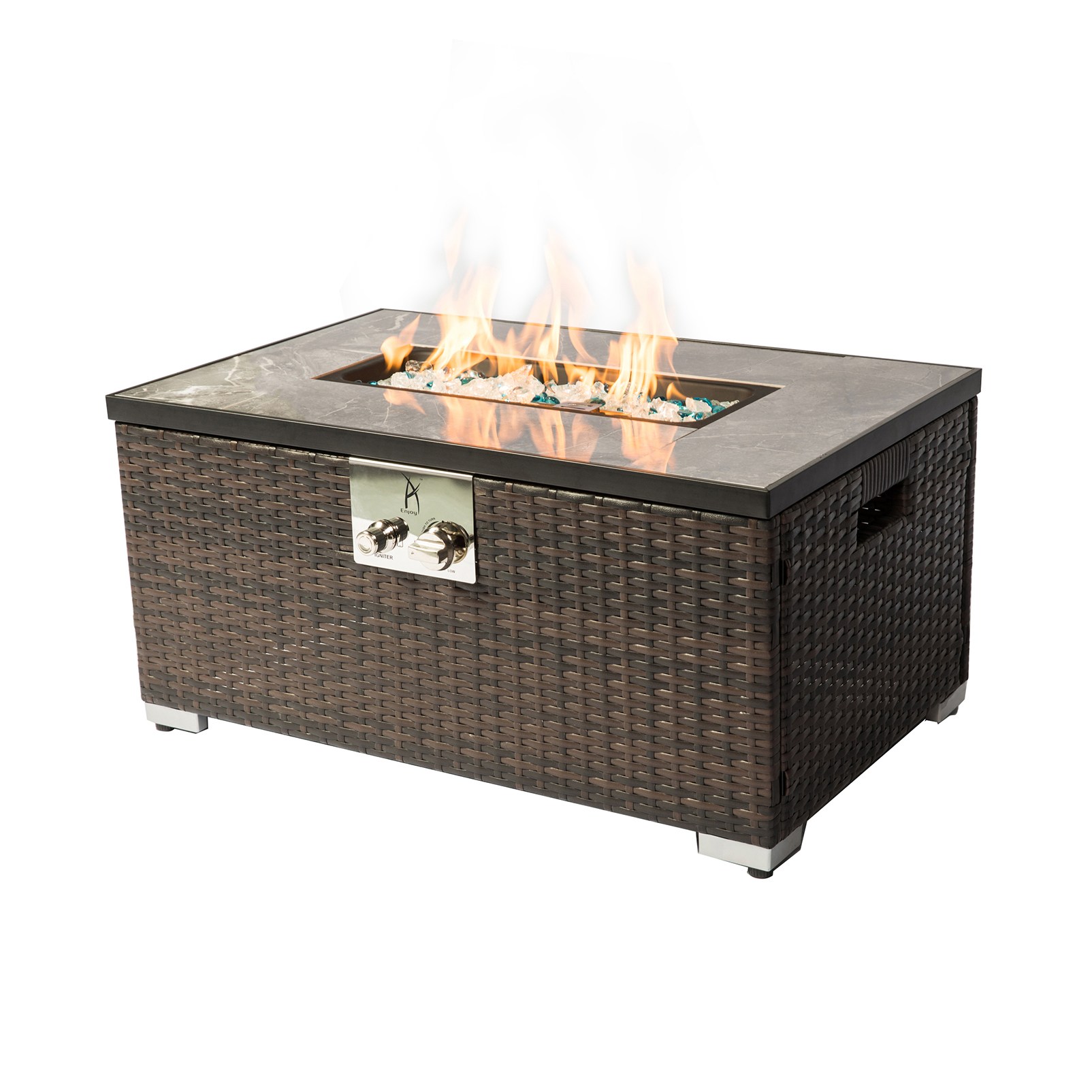 Уличный газовый пожарный стол из ротанга, газовый пожарный стол, газовый пожарный стол с плиточной столешницей 40 000 бту, доставка со склада в США