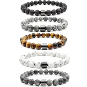 Venda quente Por Atacado Personalizado 8mm Ímã Charme Beads Stretch Pedra Natural Lava Bead Homens Pulseira Para Casal