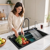 Lavello da Cucina Sottopiano a Cascata, Finitura Spazzolata, Design Moderno, Nero Nano, Acciaio Inossidabile 304, Display Digitale