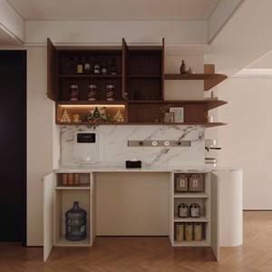 High-End Mixed-Material Dining <b>Sideboard</b> - Walnut, <b>Cream</b> & Marble, LED Lighting + Beverage Station for Luxury Homes - Product Image 5