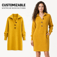 Robe pull midi côtelée oversize pour femme, col à revers, col en V, boutonnée, manches longues droites, collection automne, vente en gros ODM