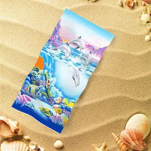 奢华全新卡通海洋动物数码印花蓝色大无沙固体活性印花沙滩巾