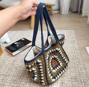 Bolso Tote Bohemio de Ganchillo para Mujer, Patrón Geométrico, Bolso de Hombro Casual, Parte Superior Abierta, Poliéster, Dos Asas, Uso Diario - Product Image 2
