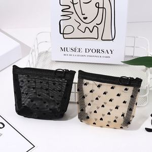 Heart Print Mesh Makeup Bags, Mini Cosmetic Wash Bag Zipper Travel <b>Toiletry</b> <b>Storage</b> Pouch Organizer Plastic Nylon Pencil Bag - Product Image 2