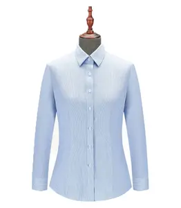 Women's Office Uniform Blue Pinstripe Cotton Single Knit Dress Shirt Regular Collar DP Ready-to-Wear Pressed Women's Blouse