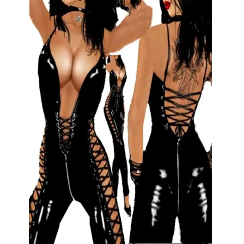 אוהבי MOG נשים צבע שחור סקסי רוכסן מפשעה סרבל סרבל עור מלאכותי