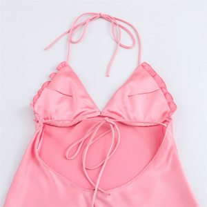 Summer Woven <strong>Satin</strong> Women's Casual <strong>Halter</strong> Neck A-Line Midi Sexy Backless Streetwear Solid Color Dress for Vacation Party - Product Image 4