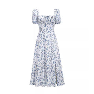 Novedad de 2024, vestido Floral informal para mujer europea americana con cuello cuadrado, Vestido largo de verano de manga corta con flores frescas - Product Image 4