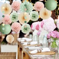 Décorations de fête vert sauge et rose blush, lanternes en papier, éventails en papier, pompons en papier de soie rose clair pour anniversaire, baby shower