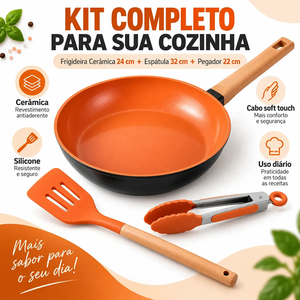 Poêle à frire antiadhésive en céramique orange avec manche en bois et ensemble d'ustensiles (spatule, pinces) - Product Image 4
