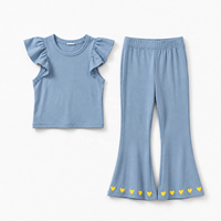 Ensemble de vêtements en coton côtelé pour filles de 2 à 10 ans, adolescents, avec pantalon évasé, imprimé décontracté à manches courtes, deux pièces