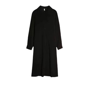 Black Shirt Dress Women Long Sleeve Turn Down Collar Solid Color Vintage Daily Wear A Line Mid Length Dress - Product Image 5