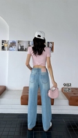 Pantalon large en jean bleu clair pour femme, personnalisé en usine, écologique, respirant, taille haute, effet usé, grande taille, coupe droite