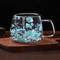 Tasses à café en verre borosilicate à double paroi avec fleurs séchées, fleurs préservées et garnitures de perles, décorations, cadeaux, verres à boire