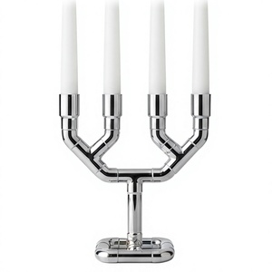Porte-bougie de table moderne en chrome poli à 4 bras avec base géométrique en anneau - Product Image 5