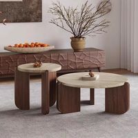 Runder Travertin-Couchtisch mit Massivholzrahmen, Minimalistischer Kleiner Niedriger Steintisch für Kleine Wohnungen, Wohnzimmer und Balkon
