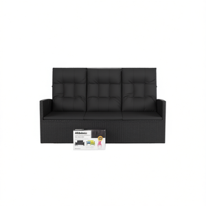 Adjustable Armrest 3 Seater <b>Garden</b> <b>Bench</b> Black Poly Rattan Patio Furniture Outdoor Modern Design - Product Image 1